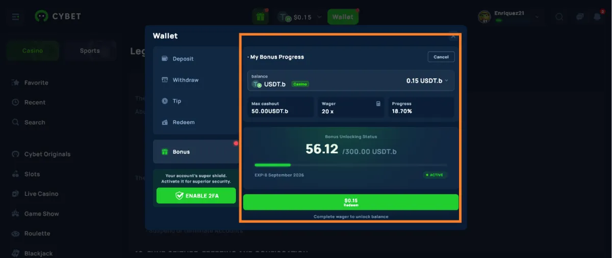 cybet casino bonus progress icon