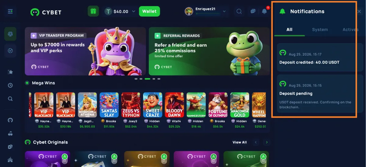 cybet casino deposit notifications icon