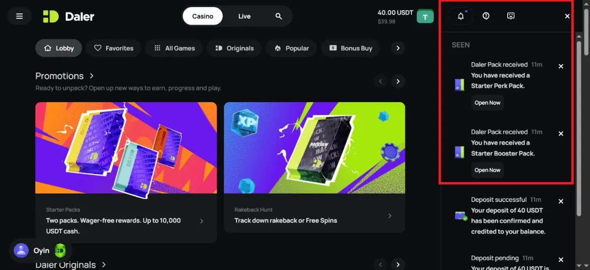 daler casino bonus notification icon