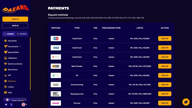 dazard casino payments