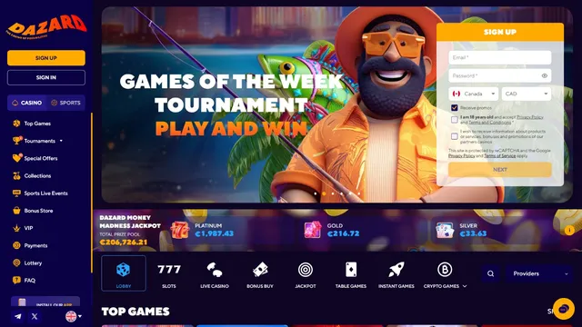 dazard casino website screen