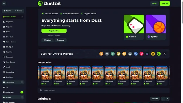dustbit casino website screen