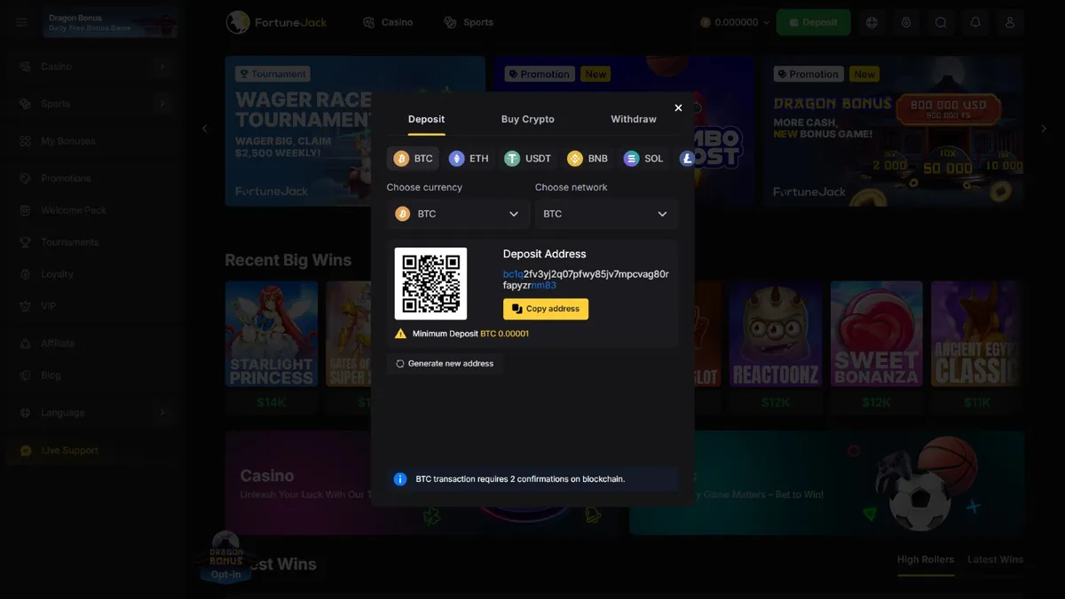 fortunejack bitcoin deposit
