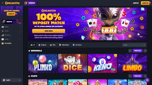 galactix casino website screen
