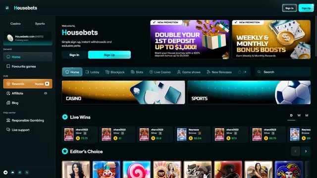 housebets casino website screen