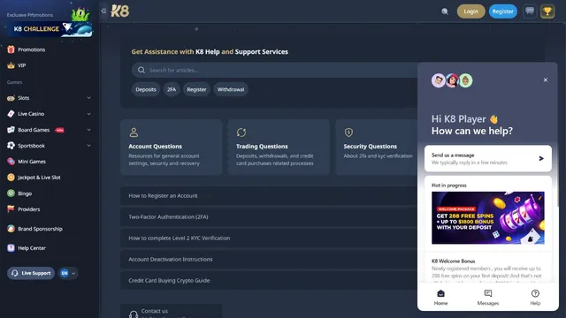 k8 casino support