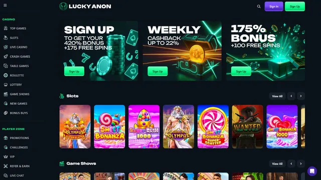 luckyanon casino website screen