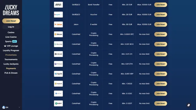 luckydreams casino deposit