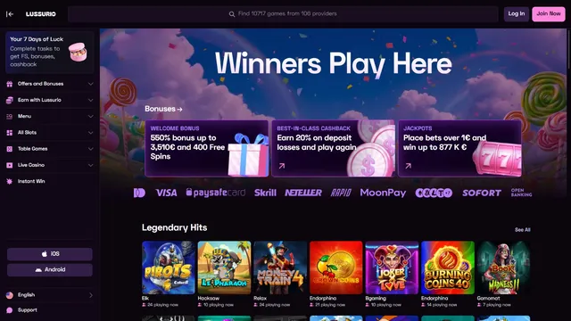 lussurio casino website screen