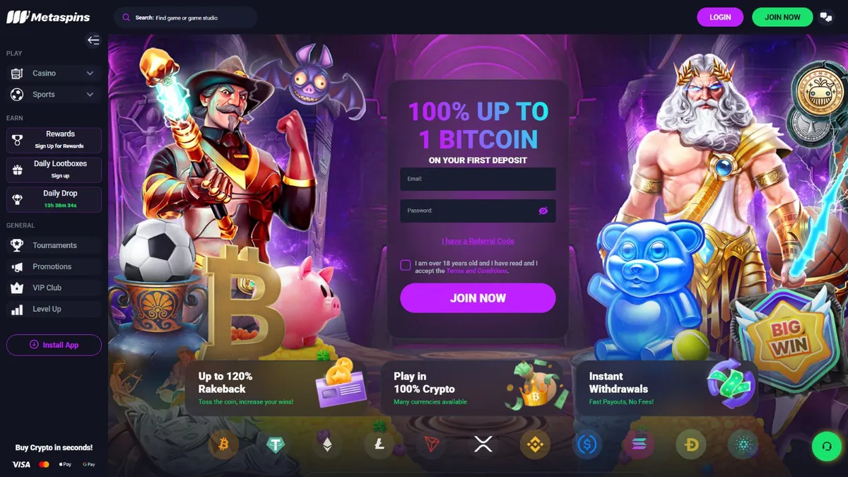 metaspins casino website screen