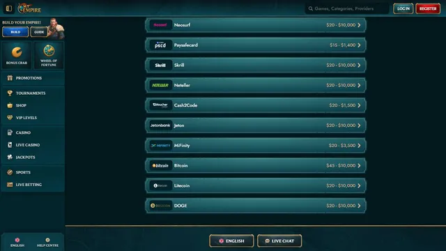 myempire casino payments