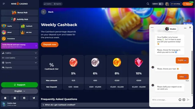 ninecasino support