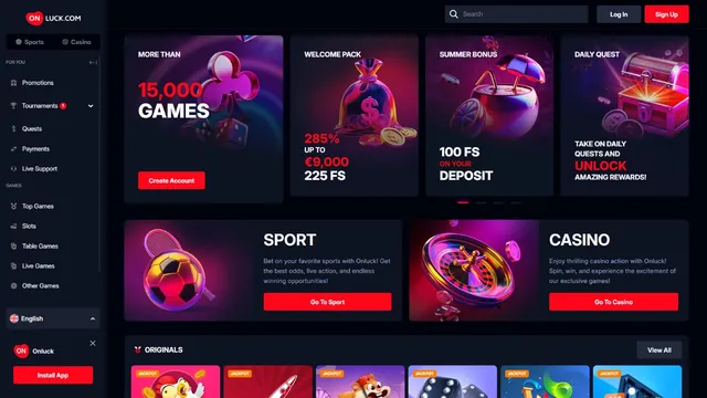 onluck casino website screen