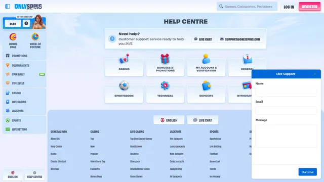 onlyspins casino support