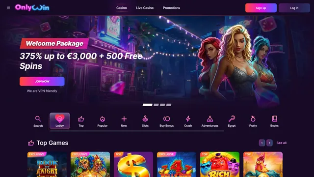 onlywin casino website screen