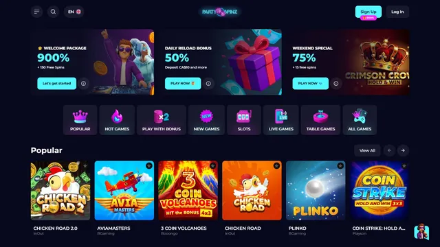 partyspinz casino website screen