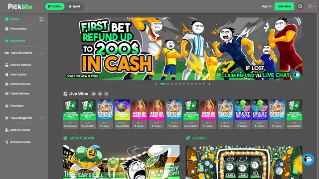 pickwin casino website screen