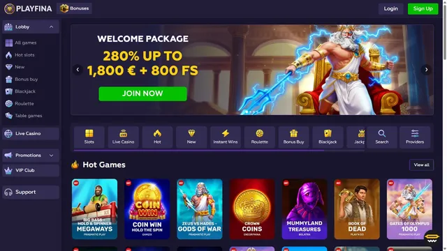 playfina casino website screen