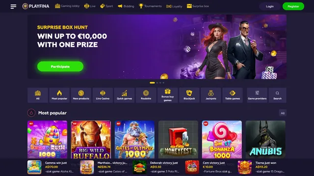 playfina v2 casino website screen