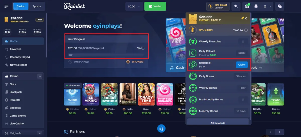 rainbet casino rakeback bonus icon