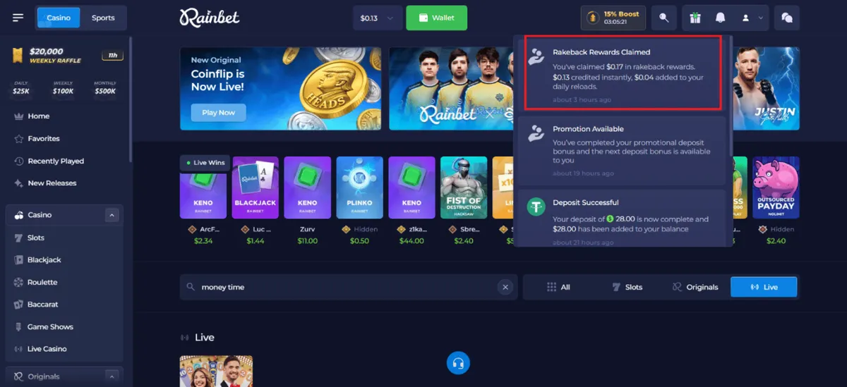 rainbet casino rewards claimed icon