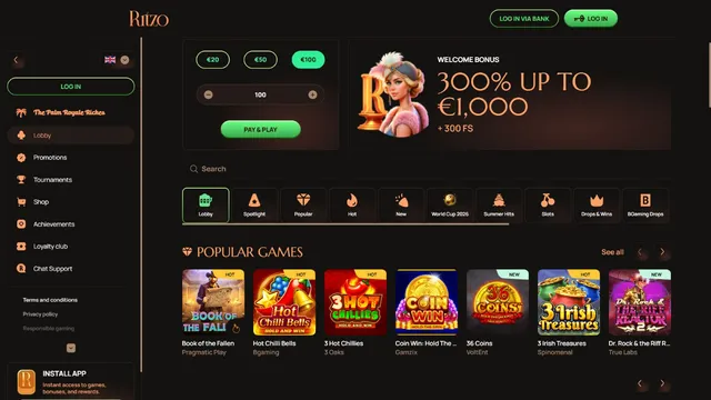 ritzo casino website screen