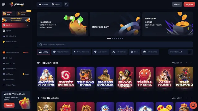 rollion casino website screen