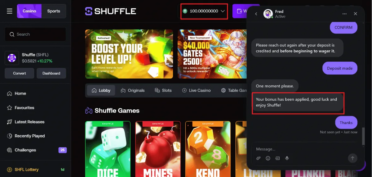 shuffle casino deposit bonus request icon