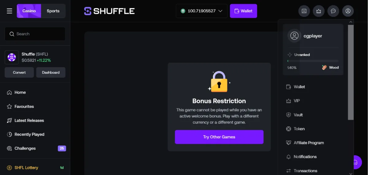 shuffle casino deposit bonus restriction icon