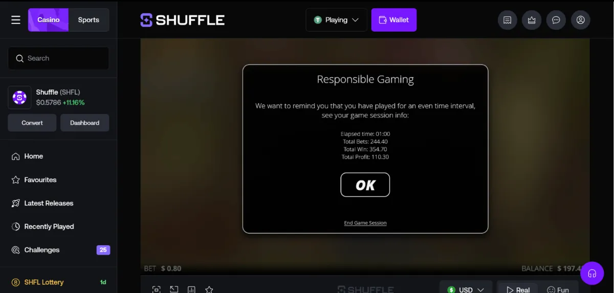 shuffle casino gameplay reality check icon
