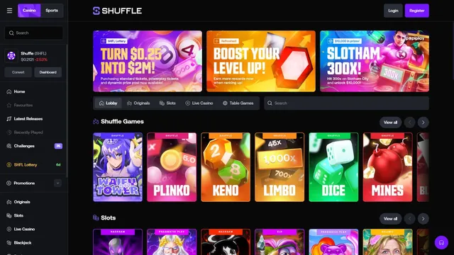 shuffle v2 casino website screen