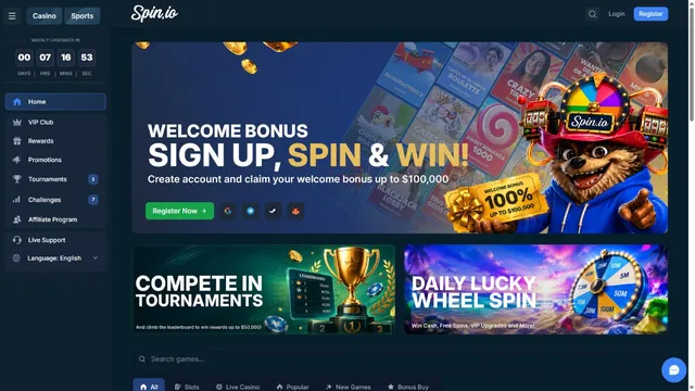 spin.io casino website screen