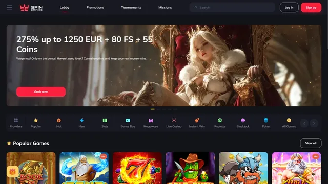 spinempire casino website screen