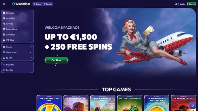 winairlines casino website screen