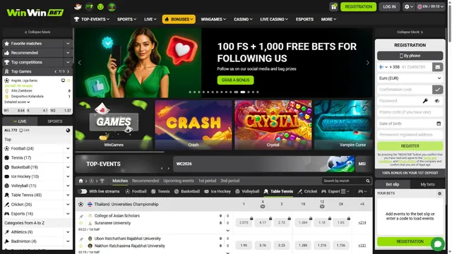 winwinbet casino website screen