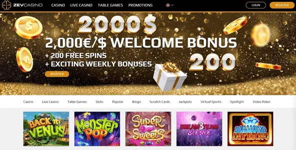 zev casino website screen